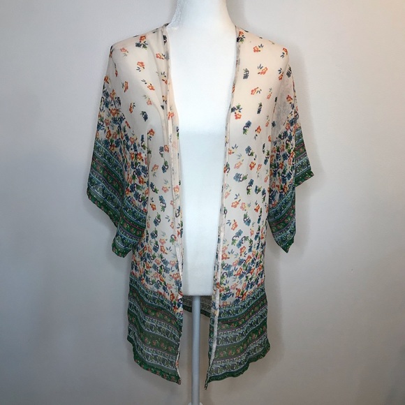 Angie Tops - SOLD|Angie Floral Kimono Sheer Boho Cream & Green